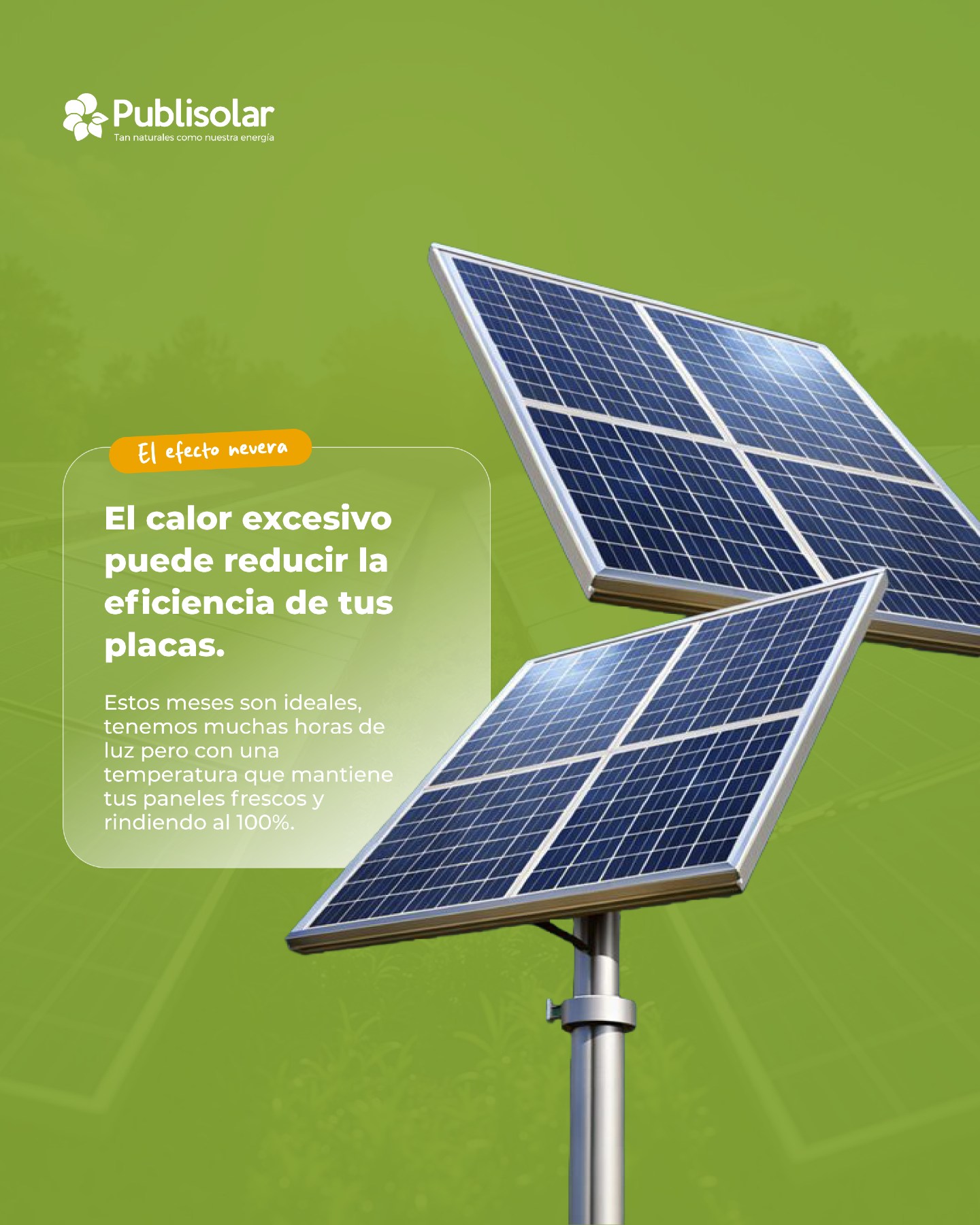 ¿Sabías que el calor excesivo puede reducir la eficiencia de tus placas?
📉 Mayo y junio son los meses ideales porque tenemos muchas horas de luz pero con una temperatura que mantiene tus paneles frescos y rindiendo al 100%.
¡Es el momento perfecto para producir al máximo! 🚀✨