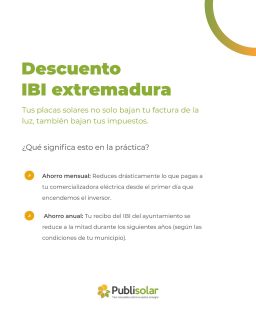¿Qué significa esto en la práctica? Que la propia instalación se amortiza mucho más rápido gracias al doble ahorro:
💰 Ahorro mensual: Reduces drásticamente lo que pagas a tu comercializadora eléctrica desde el primer día que encendemos el inversor.
📉 Ahorro anual: Tu recibo del IBI del ayuntamiento se reduce a la mitad durante los siguientes años (según las condiciones de tu municipio).
Para que pongas la burocracia en modo OFF, en Publisolar activamos nuestra gestión 360º. Nosotros nos encargamos de todo: desde el estudio de ingeniería inicial y la instalación premium con nuestro equipo técnico propio, hasta la tramitación de los certificados necesarios para que solicites tu descuento en el IBI sin mover un solo papel.
Pon tu ahorro en modo ON y deja que el sol pague parte de tus impuestos. ☀️🏡
👇 ¿Quieres saber cuánto te ahorrarías de IBI en tu localidad? Escribe "EXTREMADURA" en comentarios y nuestro equipo in-house analizará tu caso.
#Publisolar #AutoconsumoExtremadura #BonificaciónIBI #PlacasSolares #AhorroImpuestos #ModoOFF #Gestión360 #LaEnergíaQueNosUne