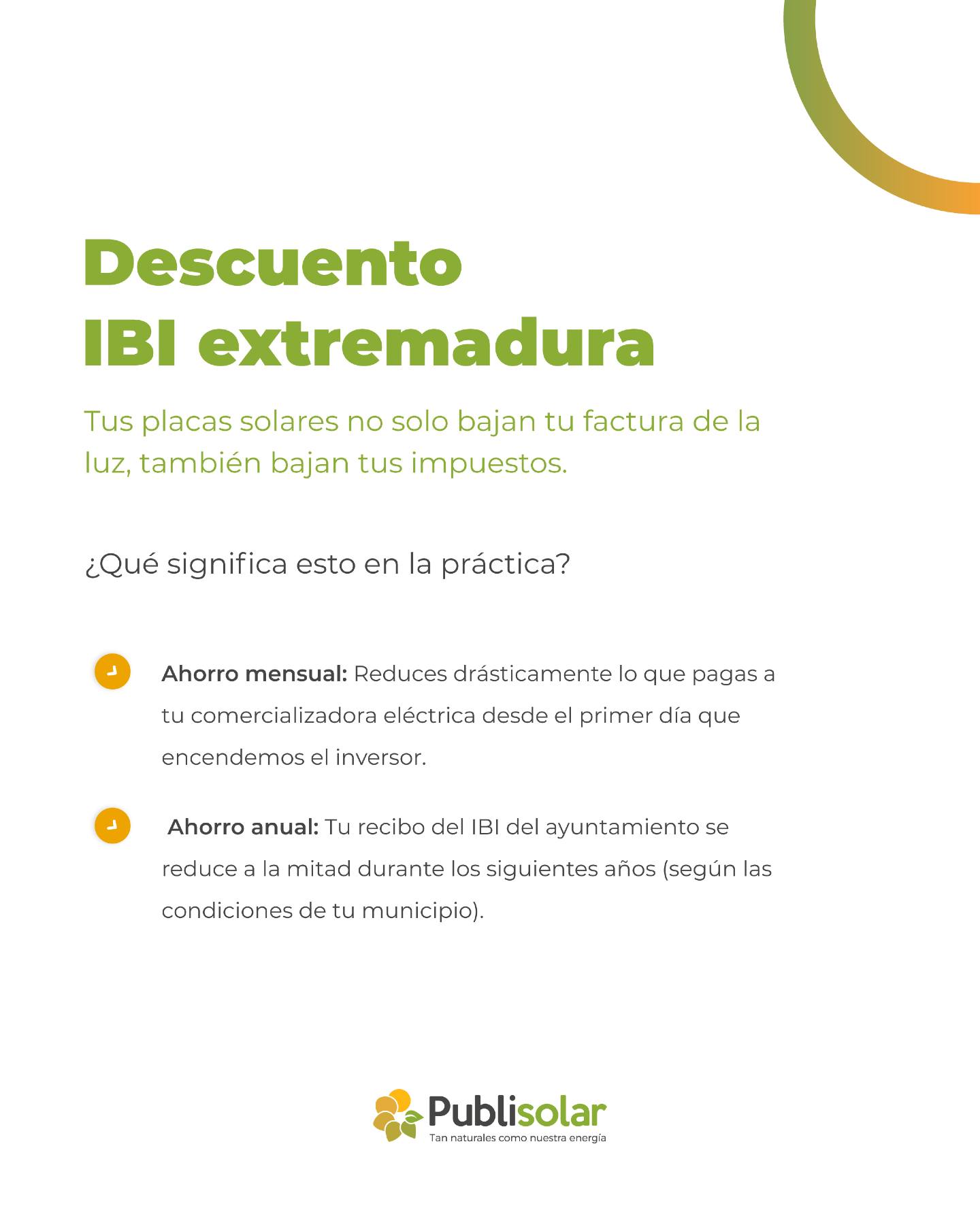 ¿Qué significa esto en la práctica? Que la propia instalación se amortiza mucho más rápido gracias al doble ahorro:
💰 Ahorro mensual: Reduces drásticamente lo que pagas a tu comercializadora eléctrica desde el primer día que encendemos el inversor.
📉 Ahorro anual: Tu recibo del IBI del ayuntamiento se reduce a la mitad durante los siguientes años (según las condiciones de tu municipio).
Para que pongas la burocracia en modo OFF, en Publisolar activamos nuestra gestión 360º. Nosotros nos encargamos de todo: desde el estudio de ingeniería inicial y la instalación premium con nuestro equipo técnico propio, hasta la tramitación de los certificados necesarios para que solicites tu descuento en el IBI sin mover un solo papel.
Pon tu ahorro en modo ON y deja que el sol pague parte de tus impuestos. ☀️🏡
👇 ¿Quieres saber cuánto te ahorrarías de IBI en tu localidad? Escribe "EXTREMADURA" en comentarios y nuestro equipo in-house analizará tu caso.
#Publisolar #AutoconsumoExtremadura #BonificaciónIBI #PlacasSolares #AhorroImpuestos #ModoOFF #Gestión360 #LaEnergíaQueNosUne