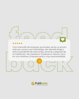 No hay mayor satisfacción que terminar una instalación y recibir mensajes como estos. 

Sabemos que detrás de cada placa hay una familia o una empresa que confía en nosotros.

Gracias a todos los que os tomáis un minuto para valorar el trabajo de nuestros montadores y asesores. 🙌💚